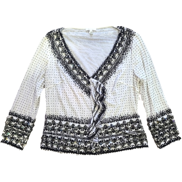 Escada Tops - Escada Black/ White Embellished Beaded Stretch V-neck Long Sleeve Fitted 38 US 6